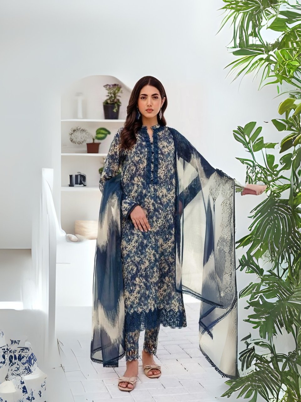 women wear Iznik Lawn 3 Piece Suit | Colour-Dark Grey Blue