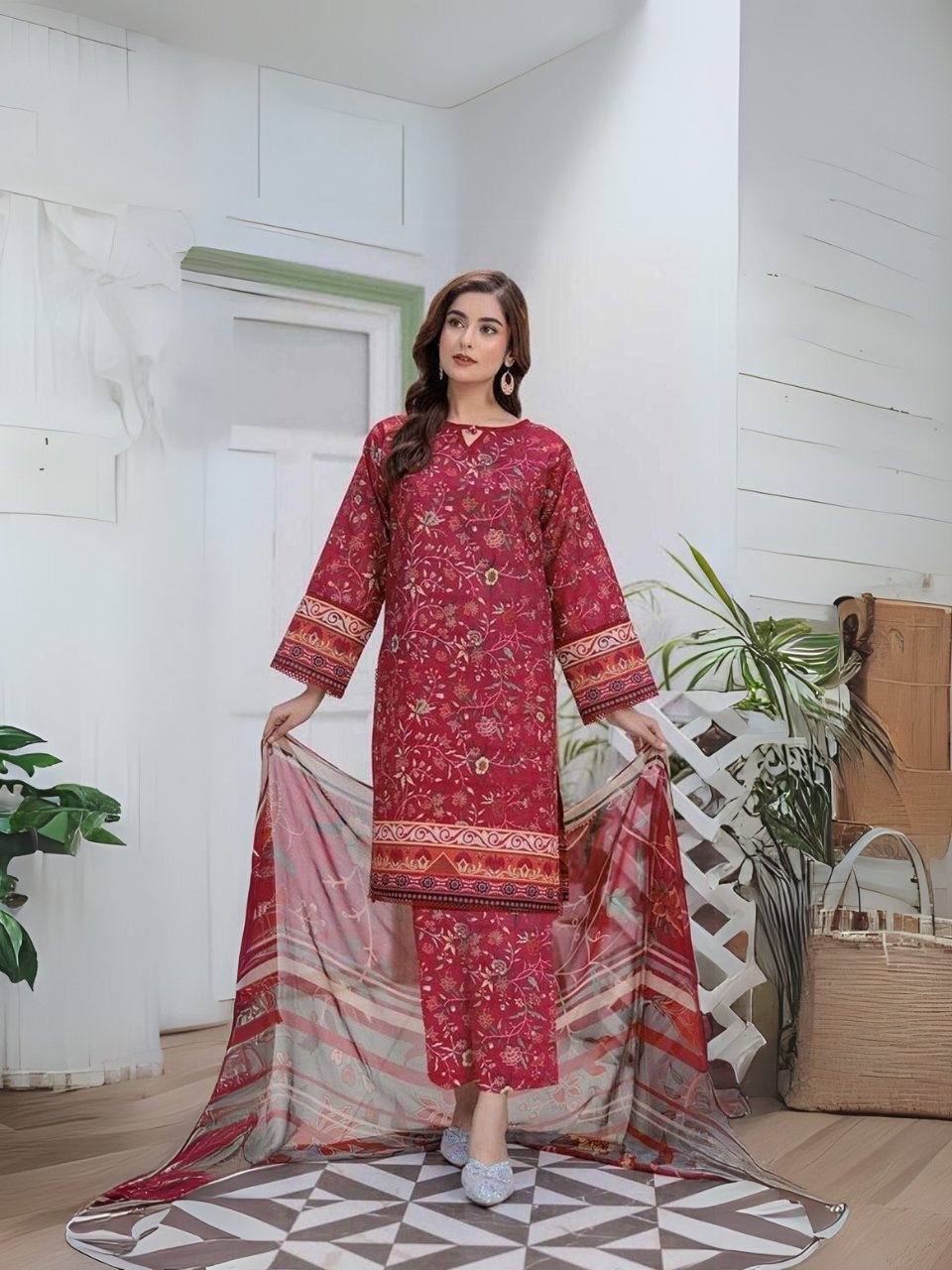 women wear Bint e Naz Lawn 3 Piece Suit | Colour-Red Brown
