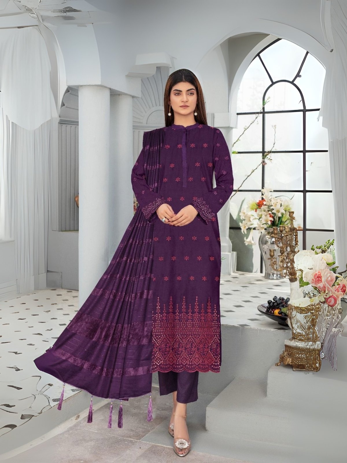 Women wear Bint-e-Naz Embroidered Suit in Plum Purple