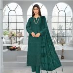 Women wear Bint-e-Naz Embroidered Suit in Dark Blue Green