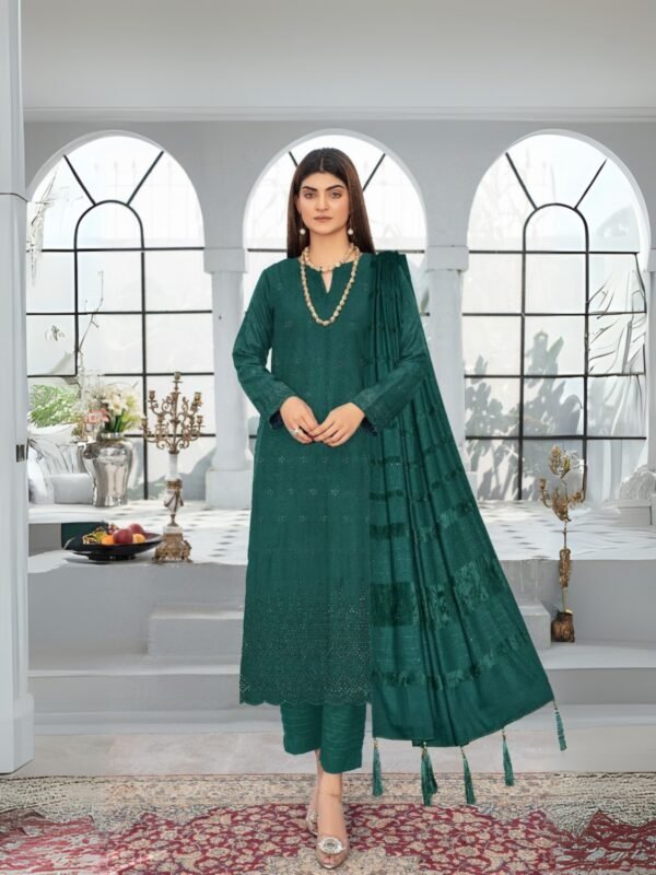 Women wear Bint-e-Naz Embroidered Suit in Dark Blue Green
