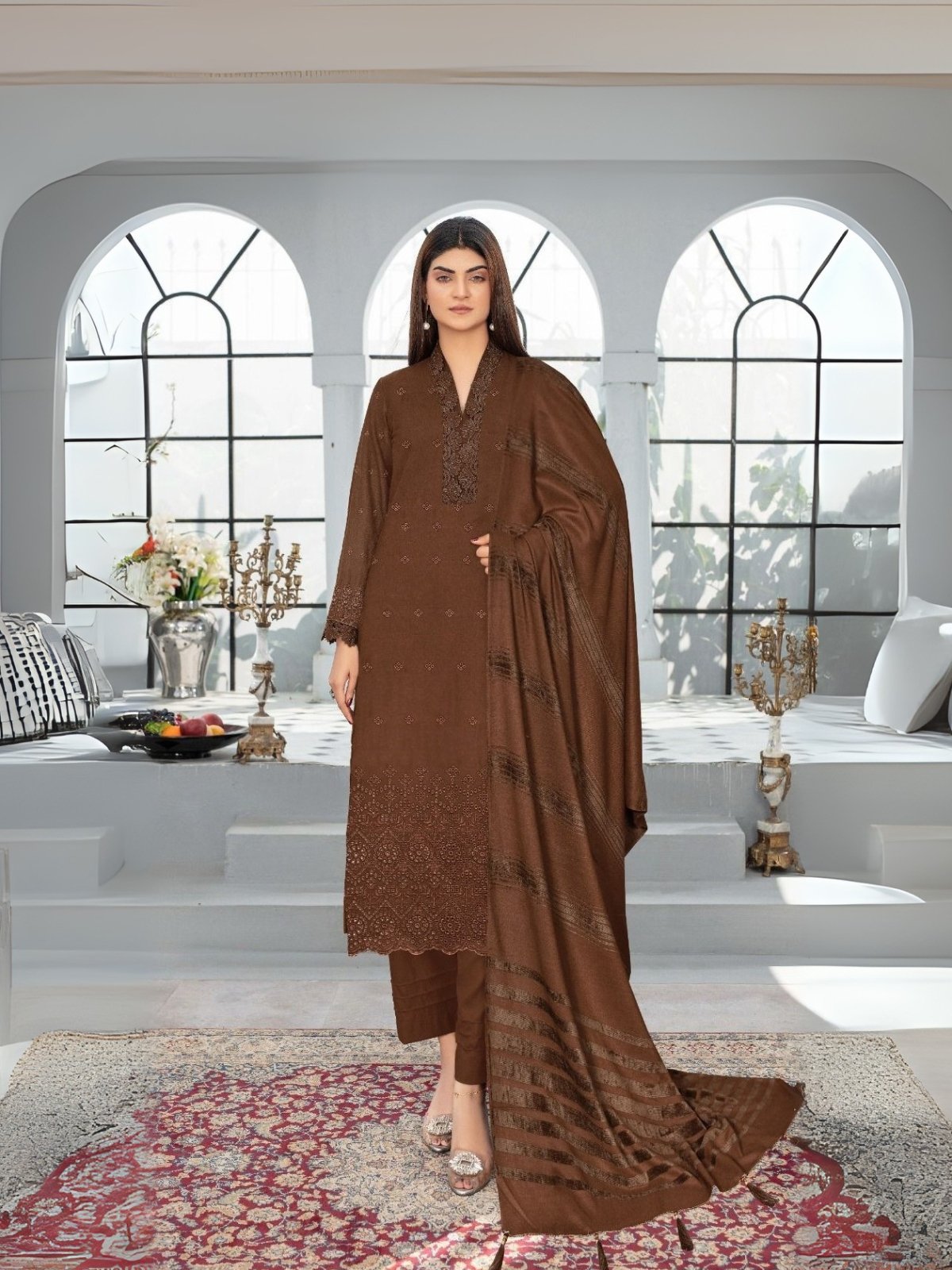 Bint-e-Naz Embroidered Unstitched 3 Piece Suit | Colour- Otter Coffee Women wear Bint-e-Naz Embroidered Suit in Otter Coffee