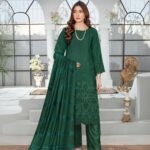 Women wear Bint-e-Naz Embroidered Suit in Dark Green
