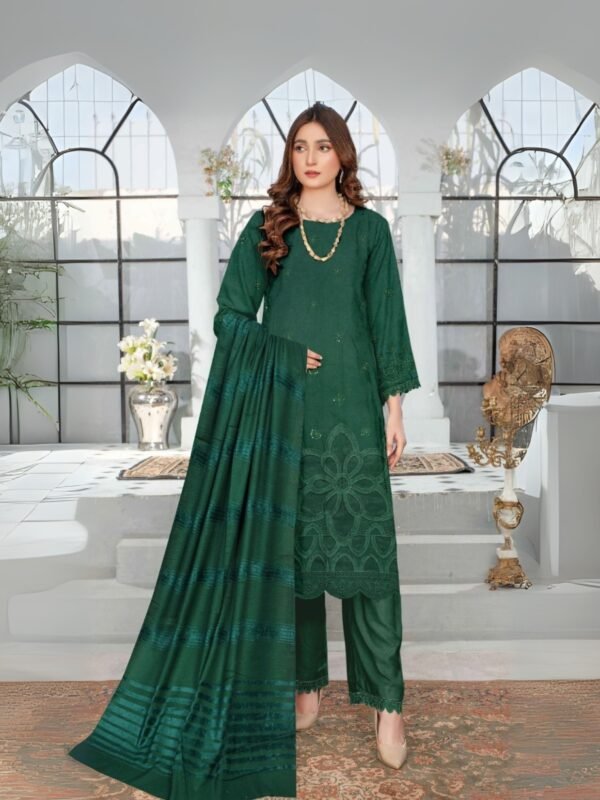 Women wear Bint-e-Naz Embroidered Suit in Dark Green