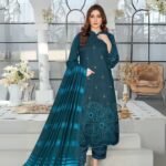 Women wear Bint-e-Naz Embroidered Suit in Dark Slate Blue