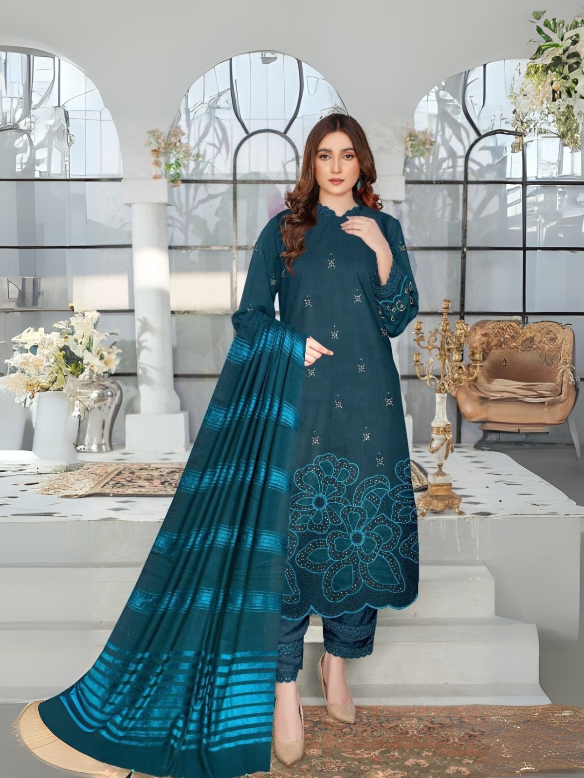 Women wear Bint-e-Naz Embroidered Suit in Dark Slate Blue Women wear Bint-e-Naz Embroidered Suit in Dark Slate Blue