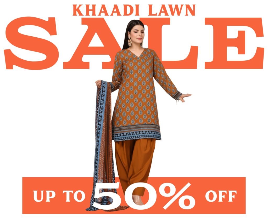 Promotional image for Khaadi Lawn Sale featuring a model in an orange traditional outfit with intricate patterns, highlighting discounts of up to 50%