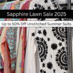 Promotional banner for Sapphire Lawn Sale 2025, offering up to 50% off unstitched summer suits