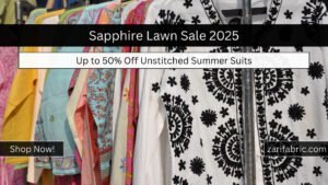 Promotional banner for Sapphire Lawn Sale 2025, offering up to 50% off unstitched summer suits