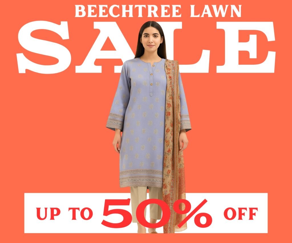 Promotional banner for the Beechtree Lawn Sale, featuring a woman in traditional attire with text highlighting up to 50% off