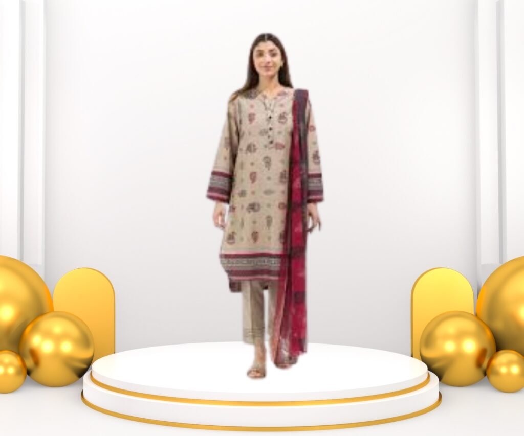 Model showcasing traditional attire on a stage with golden accents and festive decorations