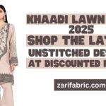 Promotional image for Khaadi Lawn Sale 2025, showcasing unstitched designs at discounted prices. Visit zarifabric.com