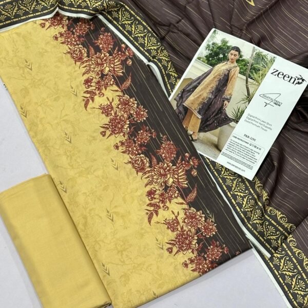 Zeen Lawn Unstitched 3 Piece Suit in Ginger Brown.
