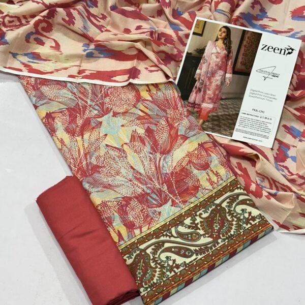 set of Zeen Lawn Unstitched 3 Piece Suit in Dull Red