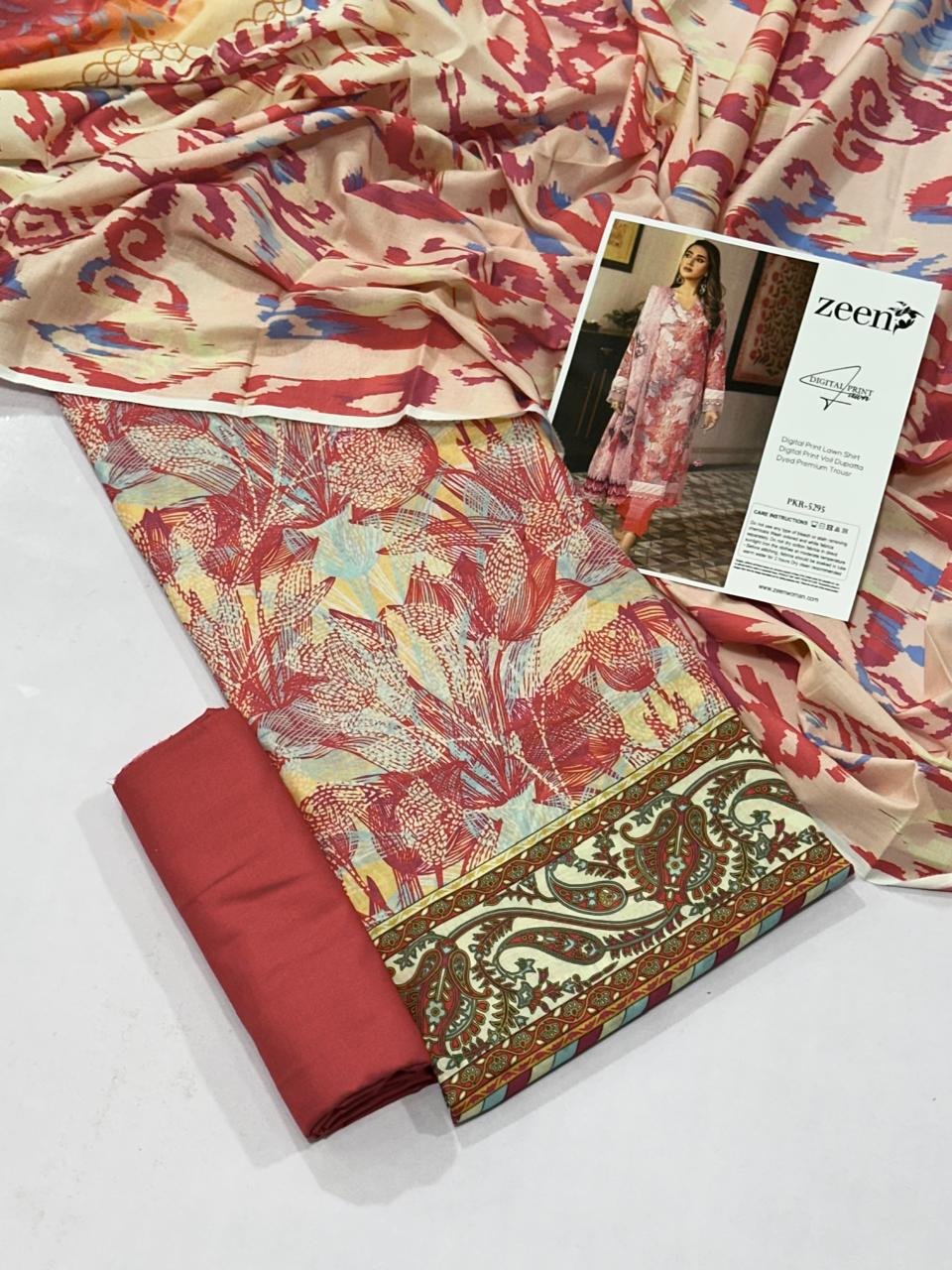 set of Zeen Lawn Unstitched 3 Piece Suit in Dull Red