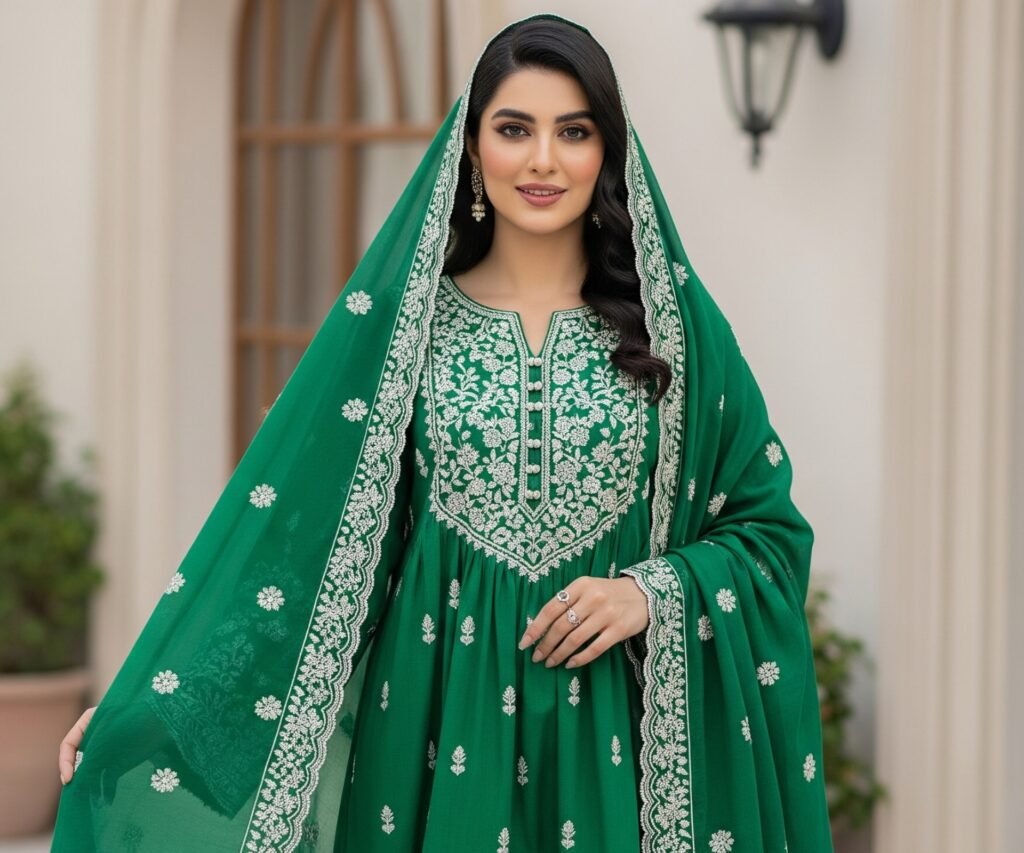A woman in a vibrant green traditional outfit with intricate white embroidery, wearing a matching dupatta and jewelry. The setting is indoors with soft lighting and decorative elements.