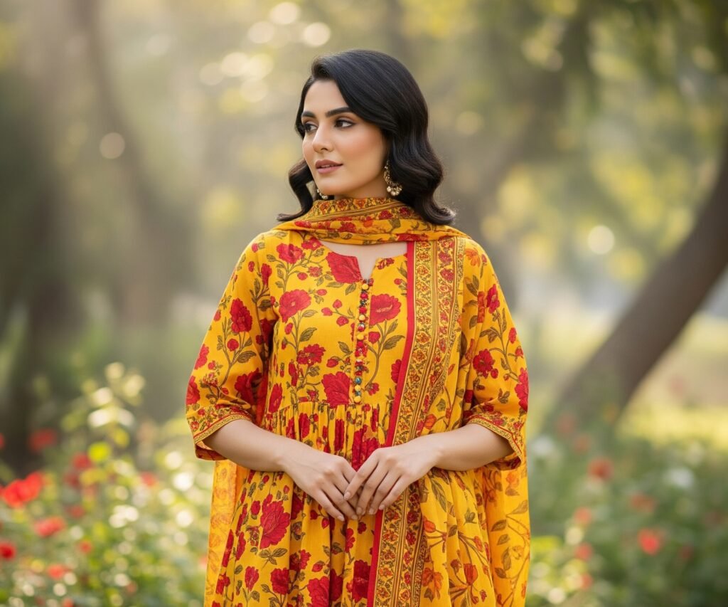 A woman in a vibrant yellow traditional dress with bold red floral patterns, standing outdoors in a serene garden setting