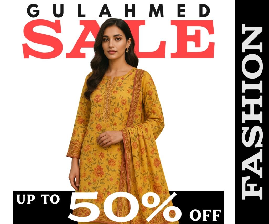 A promotional advertisement for a sale by Gul Ahmed, featuring a woman in a vibrant yellow traditional outfit with orange floral patterns. The text at the top reads "Gul Ahmed Sale," and the bottom highlights "Up to 50% Off" on fashion items