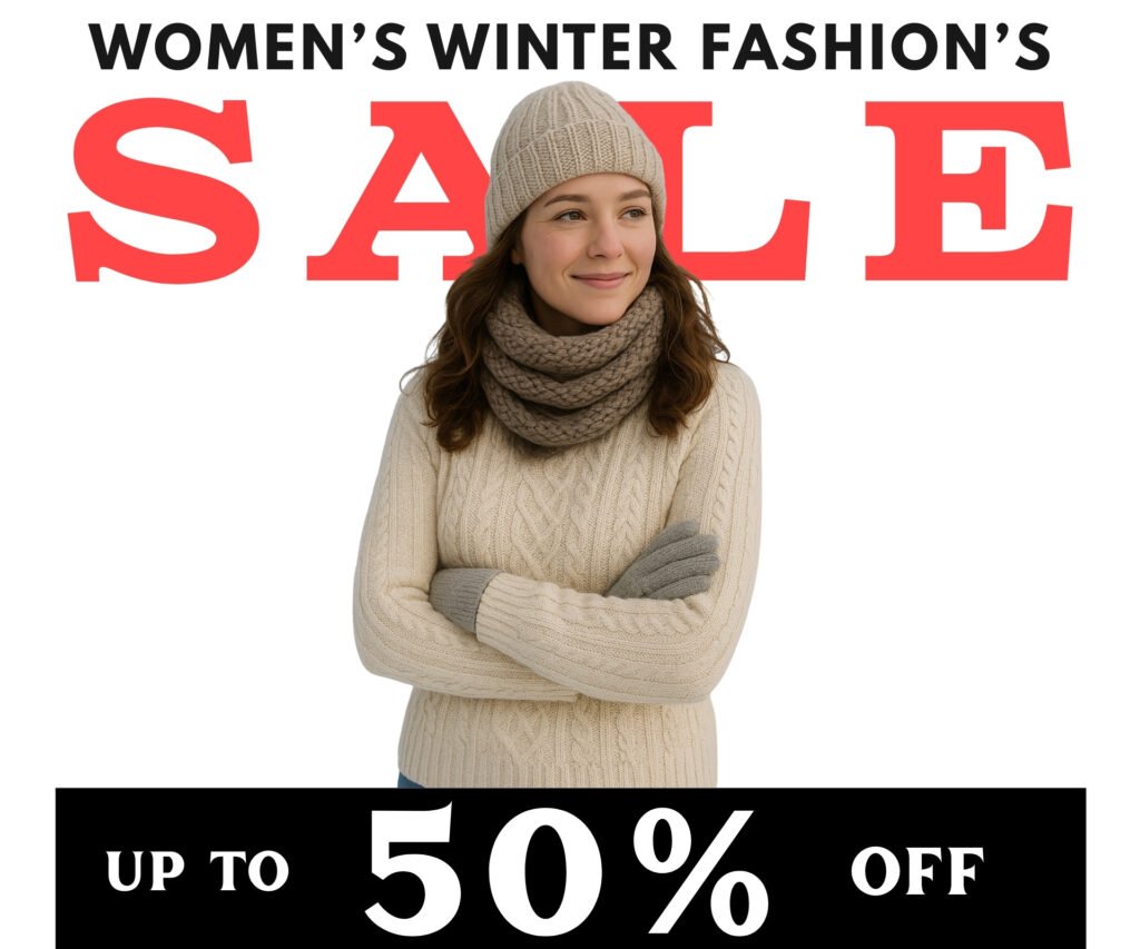 Winter Clothes for Women 2025: A Discount Offer of "Up to 50% Off" is displayed prominently, featuring the Women’s Winter Fashion Sale.