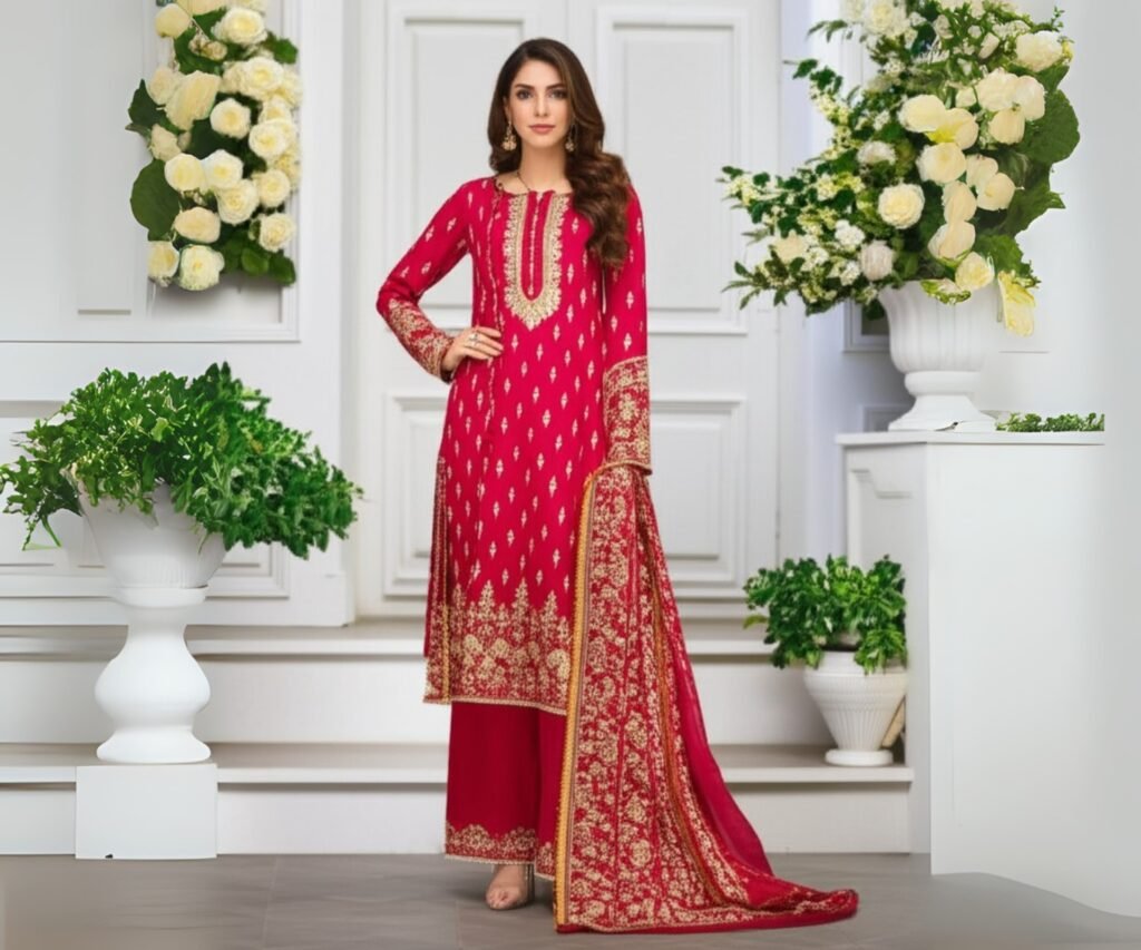 Model wearing a red embroidered kurta paired with matching palazzo pants, standing in a stylish indoor setting adorned with floral arrangements