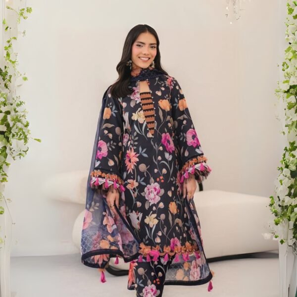 Model Wearing Digital Print Khaddar Suit in Charcoal Grey