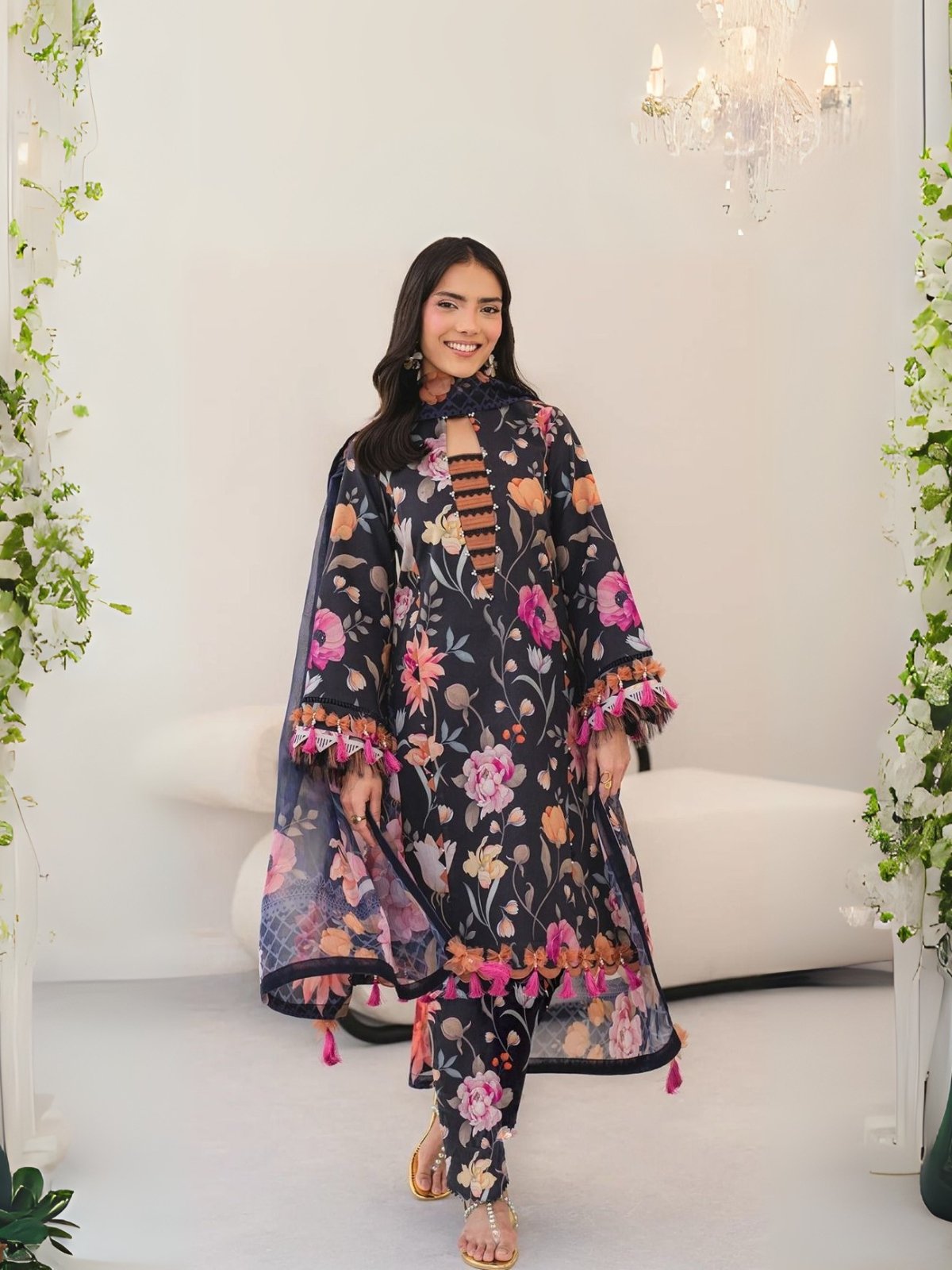 Model Wearing Digital Print Khaddar Suit in Charcoal Grey