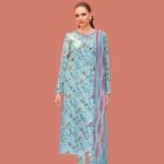 Model Wearing Digital Print Khaddar Suit in Cloudy Blue