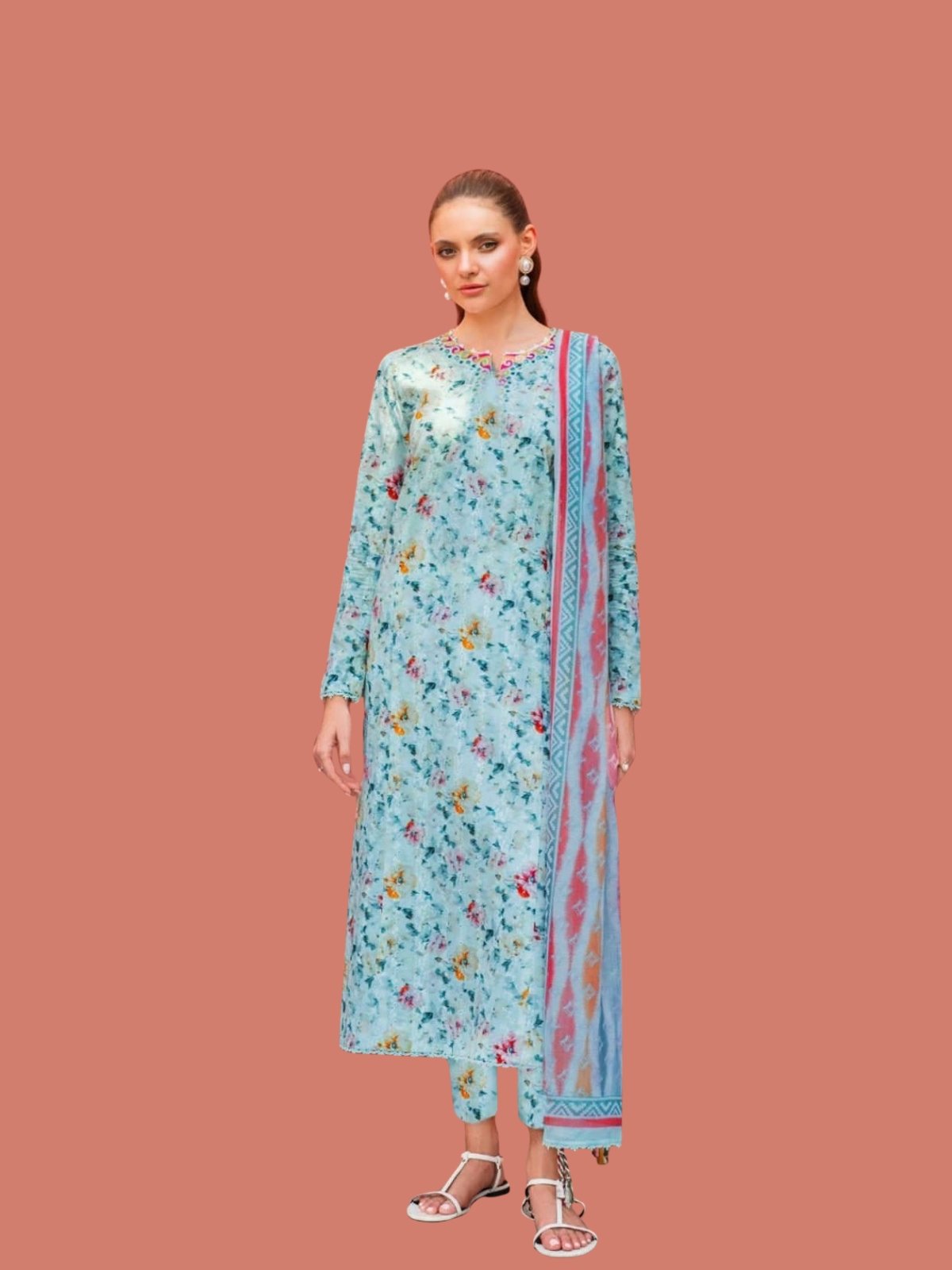 Digital Print Khaddar Suit in Cloudy Blue Model Wearing Digital Print Khaddar Suit in Cloudy Blue