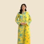 Model Wearing Digital Print Khaddar Suit in Dark Yellow