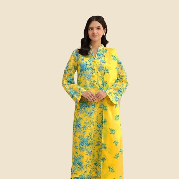 Model Wearing Digital Print Khaddar Suit in Dark Yellow