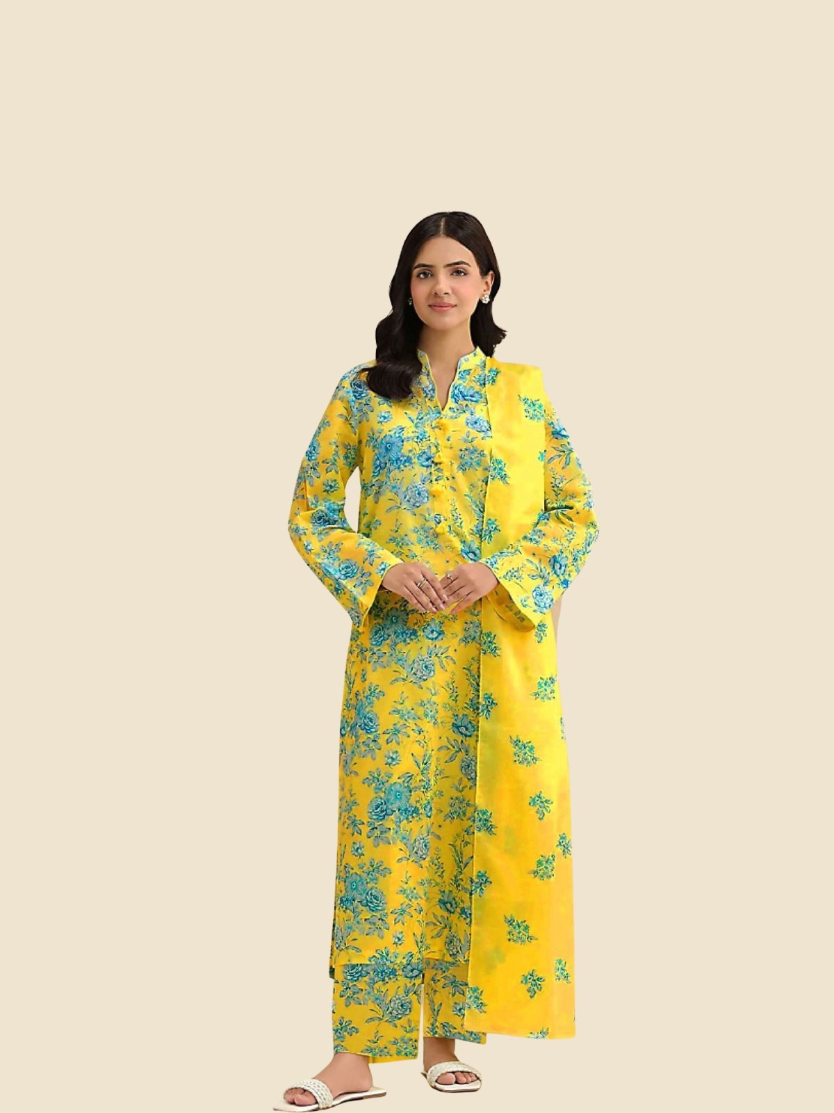 Digital Print Khaddar Suit in Dark Yellow Model Wearing Digital Print Khaddar Suit in Dark Yellow