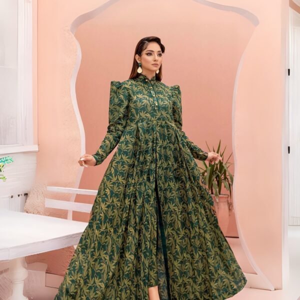 Model Wearing Digital Print Khaddar Suit in Dark Blue Grey