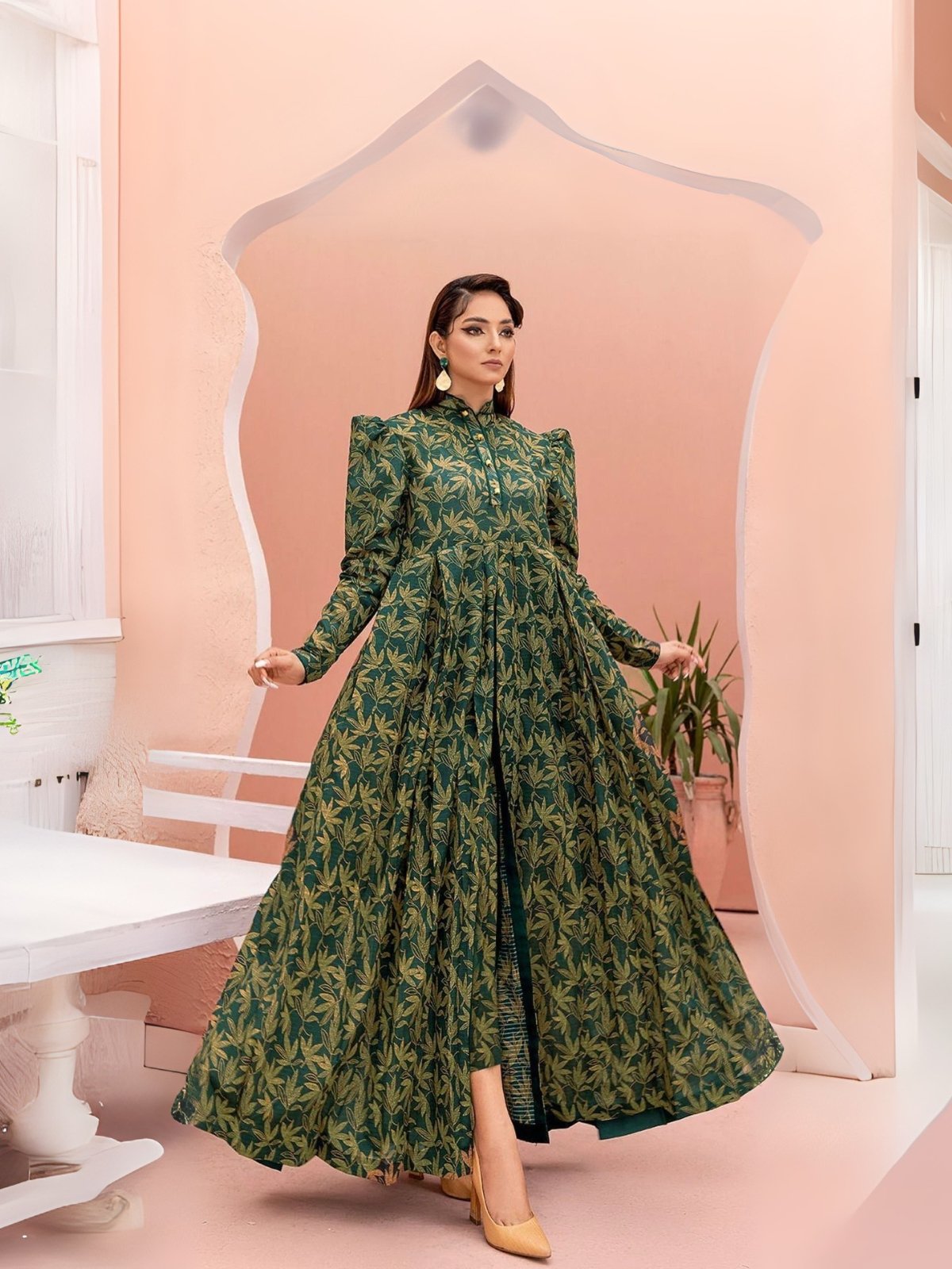 Model Wearing Digital Print Khaddar Suit in Dark Blue Grey