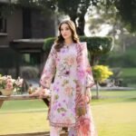 Model Wearing Digital Print Khaddar Suit in Grey Pink