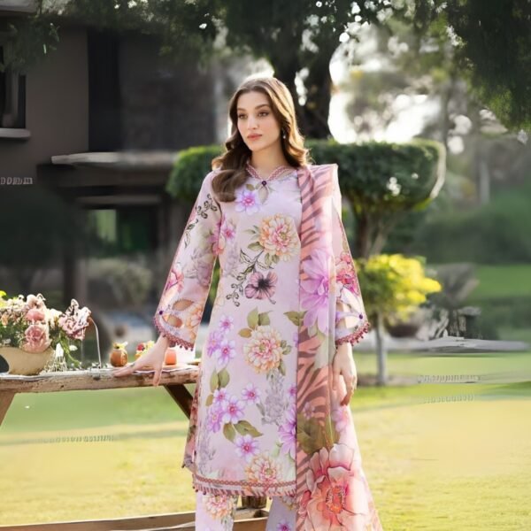 Model Wearing Digital Print Khaddar Suit in Grey Pink