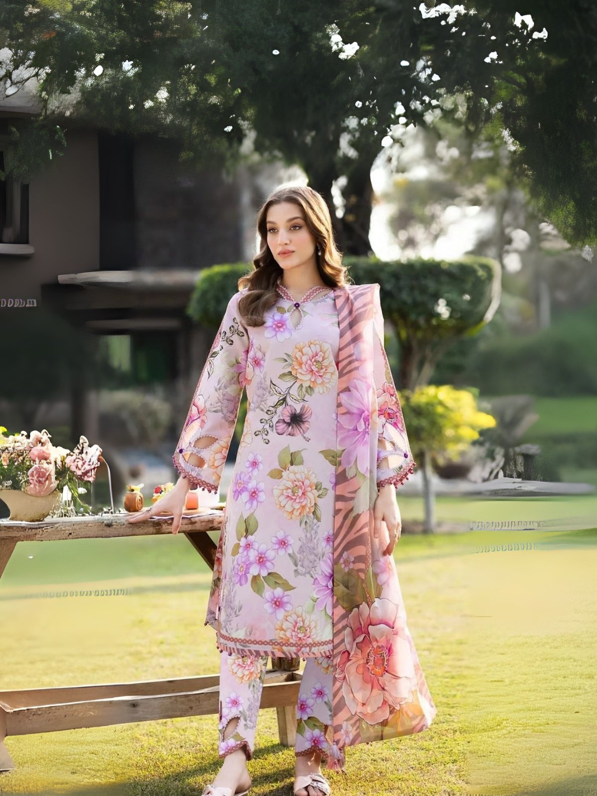 Model Wearing Digital Print Khaddar Suit in Grey Pink