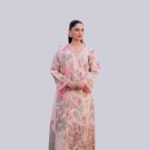 Model Wearing Digital Print Khaddar Suit in Pink Flare