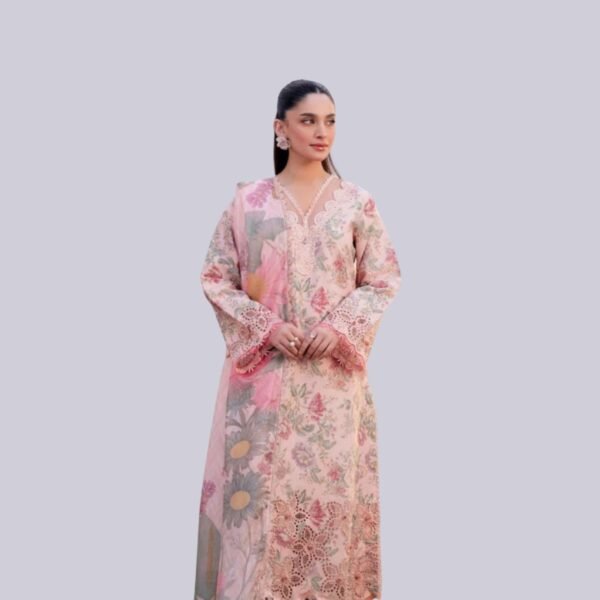 Model Wearing Digital Print Khaddar Suit in Pink Flare