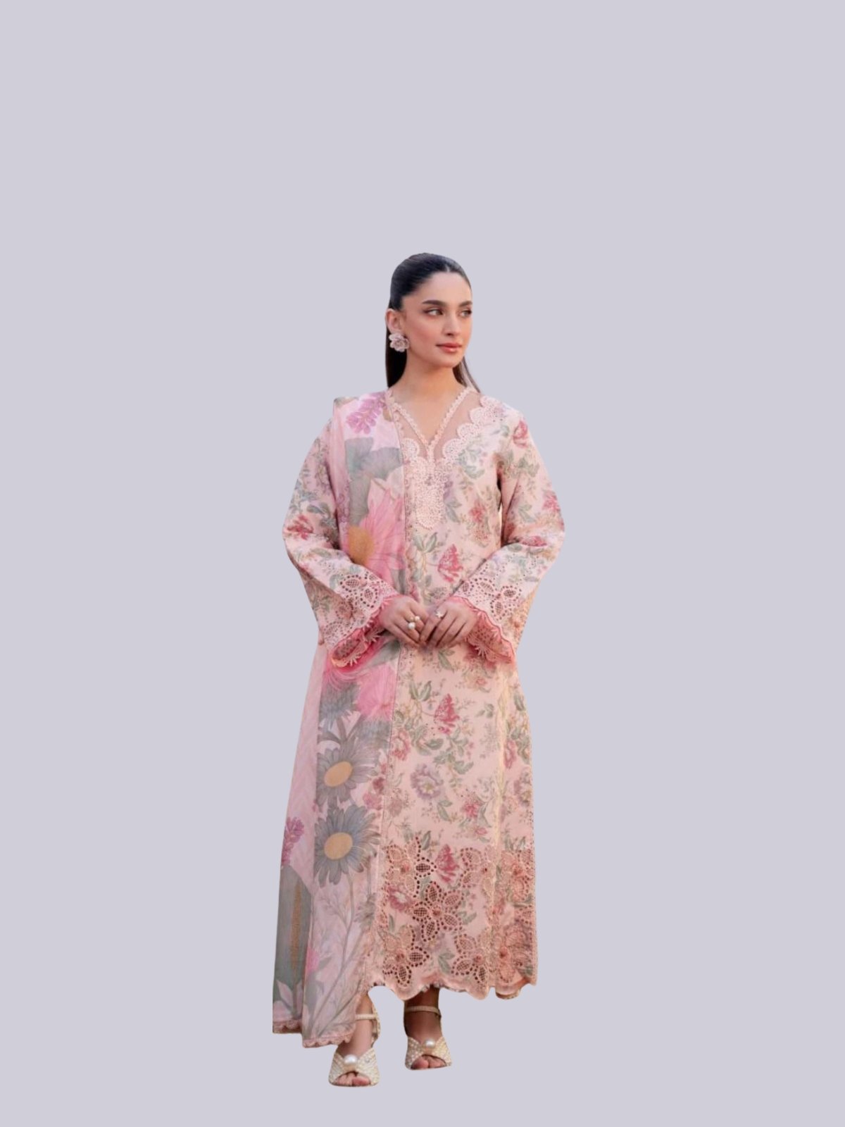Model Wearing Digital Print Khaddar Suit in Pink Flare