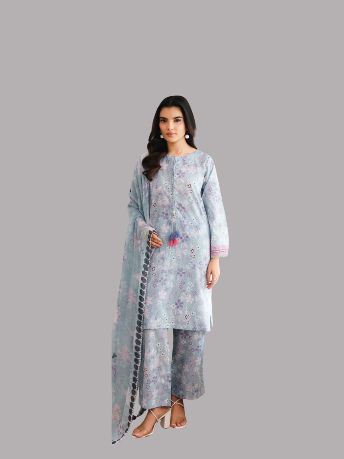 Digital Print Khaddar Suit in Rock Blue Model Wearing Digital Print Khaddar Suit in Rock Blue