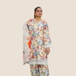 Model Wearing Digital Print Khaddar Suit in Light Grey