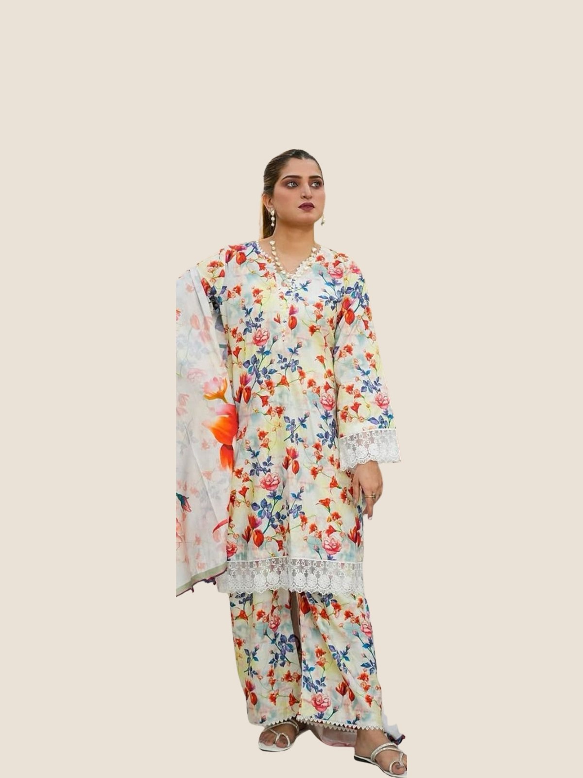 Digital Print Khaddar Suit in Light Grey Model Wearing Digital Print Khaddar Suit in Light Grey