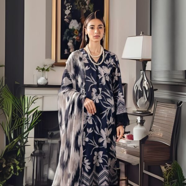 Model Wearing Digital Print Khaddar Suit in Nile Blue