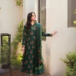 Model Wearing Digital Print Khaddar Suit in Teal Green