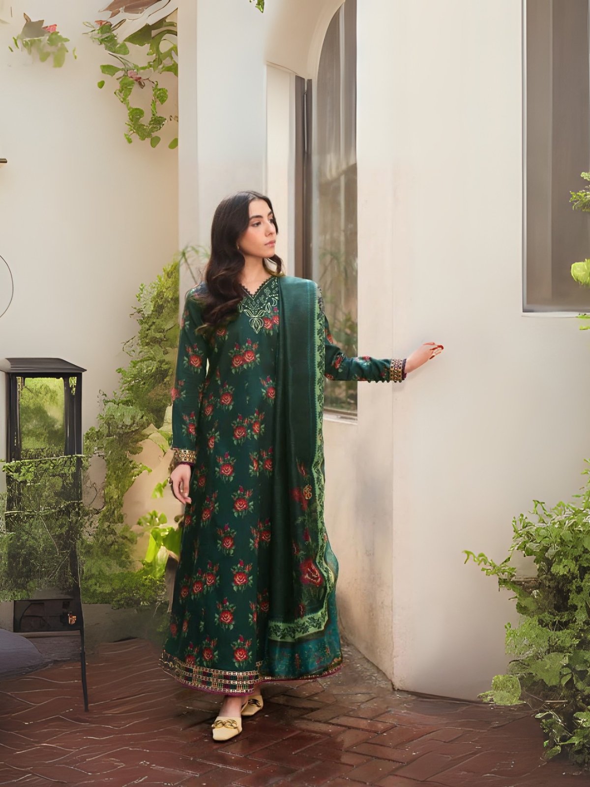 Digital Print Khaddar Suit in Teal Green Model Wearing Digital Print Khaddar Suit in Teal Green