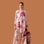 Model Wearing Digital Print Khaddar Suit in Oyster Pink