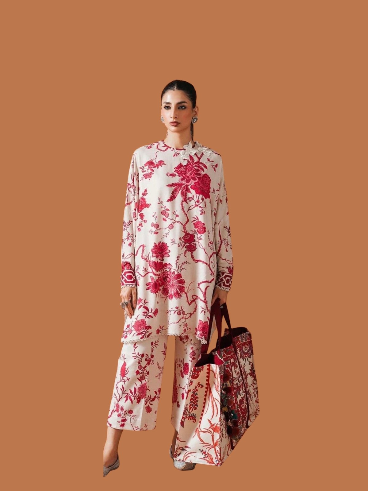 Model Wearing Digital Print Khaddar Suit in Oyster Pink