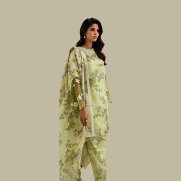 Model Wearing Digital Print Khaddar Suit in Olive Yellow