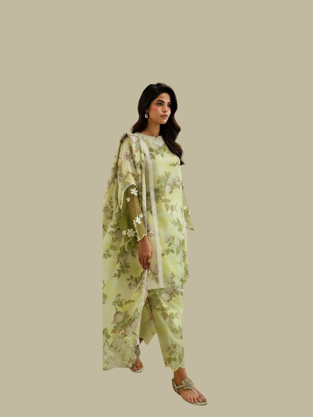 Digital Print Khaddar Suit in Olive Yellow Model Wearing Digital Print Khaddar Suit in Olive Yellow