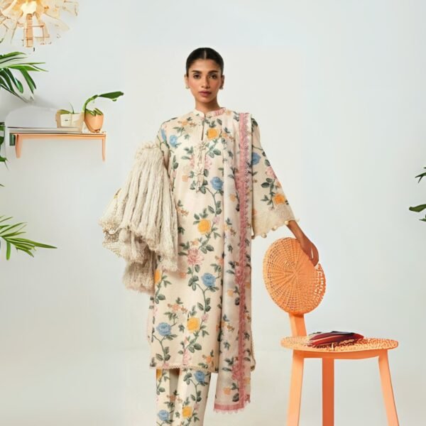 Model Wearing Digital Print Khaddar Suit in Grey Olive